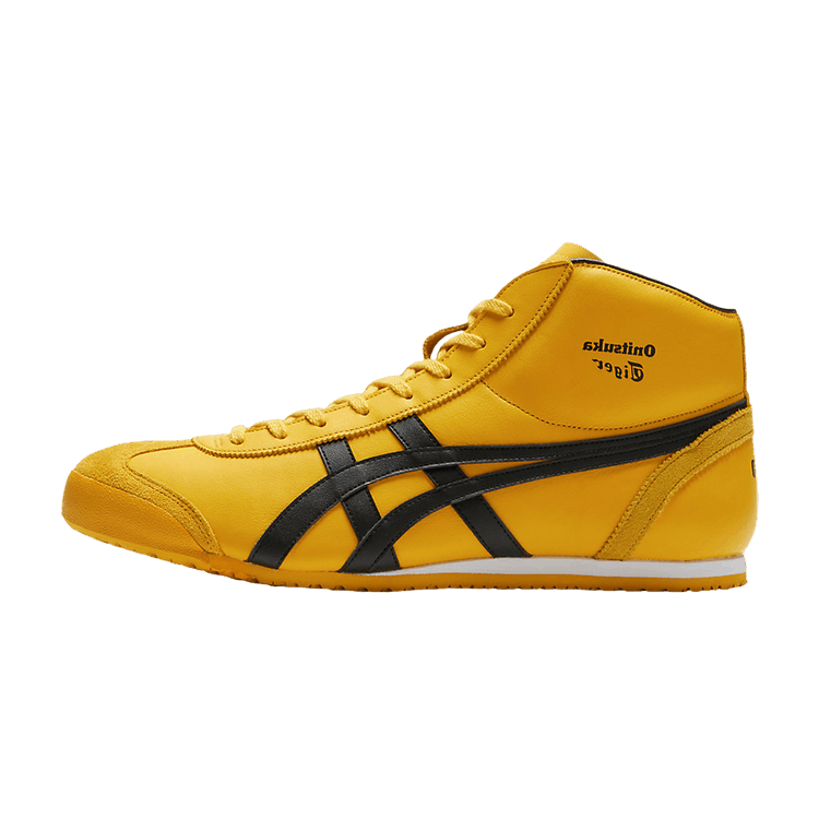 Onitsuka Tiger Mexico Mid Runner Yellow Black, zijaanzicht van gele high-top sneaker met zwarte strepen en witte zool