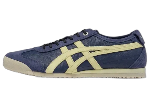 Onitsuka Tiger Mexico 66 SD Vintage Peacoat Wheat Yellow, zijaanzicht met donkerblauw suède en crème strepen