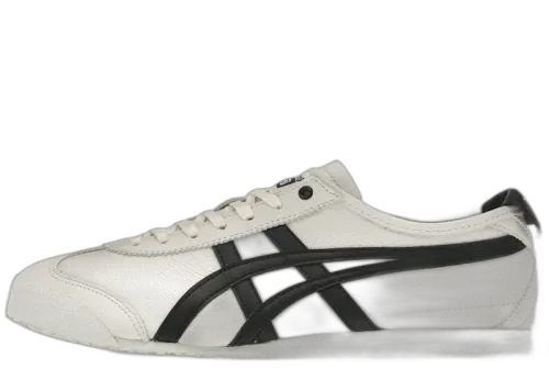 Onitsuka Tiger Mexico 66 White Black, vooraanzicht met wit leer en zwarte diagonale stiksels op zijpaneel
