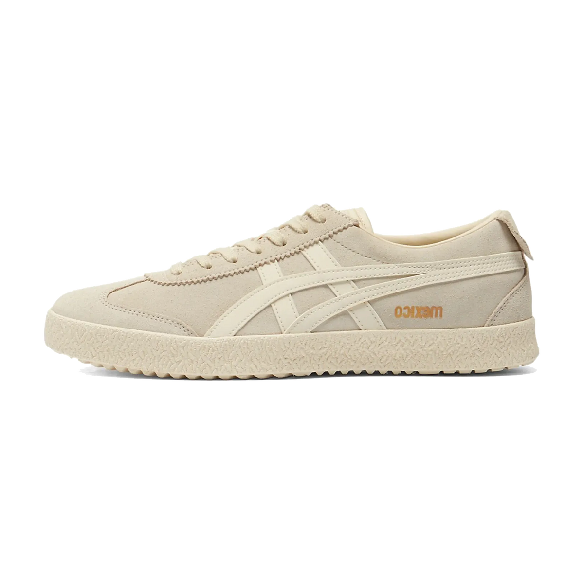 Onitsuka Tiger Mexico 66 Delegation Vanilla Cream zijaanzicht, beige canvas met wit gestreept patroon en gele logo