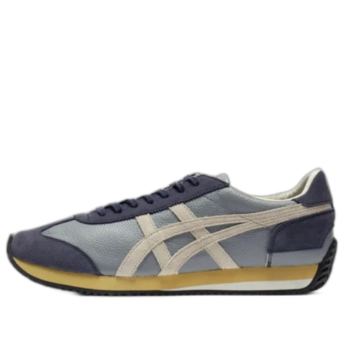 Onitsuka Tiger California 78 Vintage, zijaanzicht met grijsblauw en crème kleurvlakken, retro zool in beige