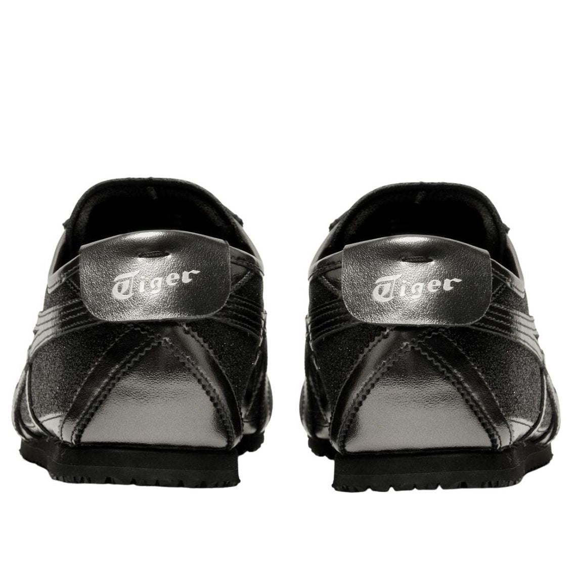 Onitsuka Tiger Mexico 66 Glitter Pack Black Gunmetal, achteraanzicht met logo op sporthiel en glittereffect