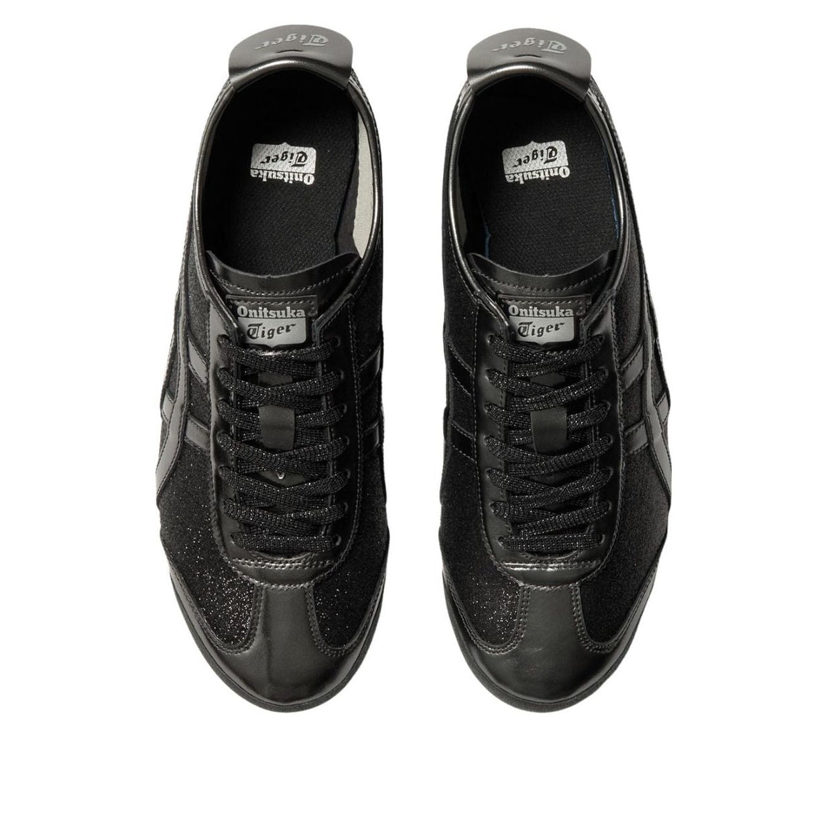 Onitsuka Tiger Mexico 66 Glitter Pack Black Gunmetal, bovenaanzicht met veters en glitter op neus