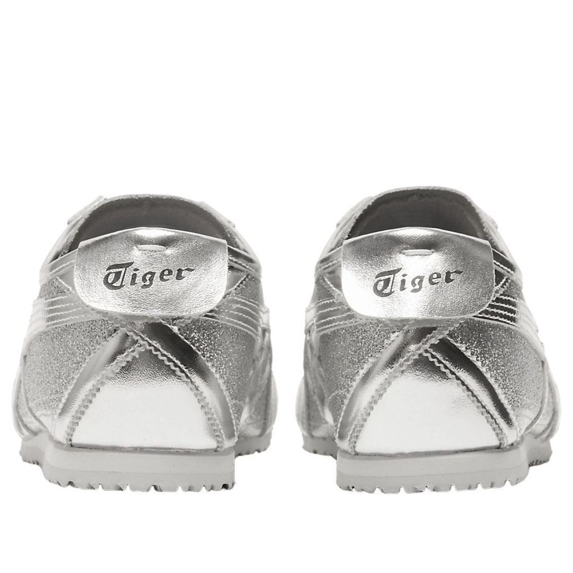 Onitsuka Tiger Mexico 66 Glitter Pack Pure Silver, achteraanzicht met Onitsuka Tiger branding op hiel