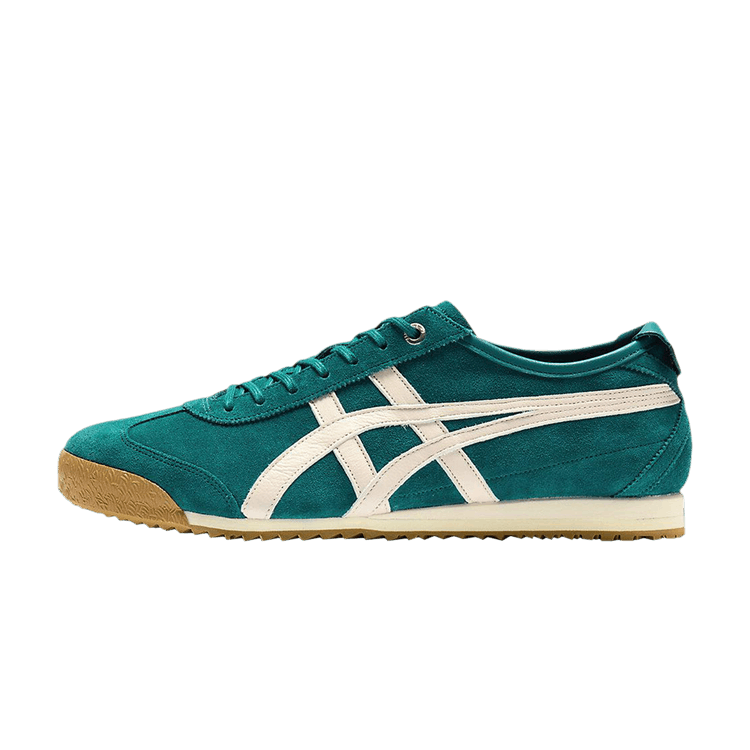 Onitsuka Tiger Mexico 66 SD Spruce Green Mineral Beige Gum, zijaanzicht met sprucegroen canvas en crème-kleurige strepen