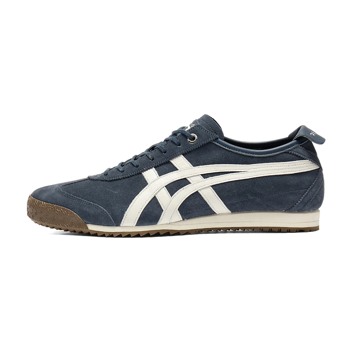 Onitsuka Tiger Mexico 66 SD Iron Navy Cream Gum zijaanzicht met crème strepen en bruine gum zool