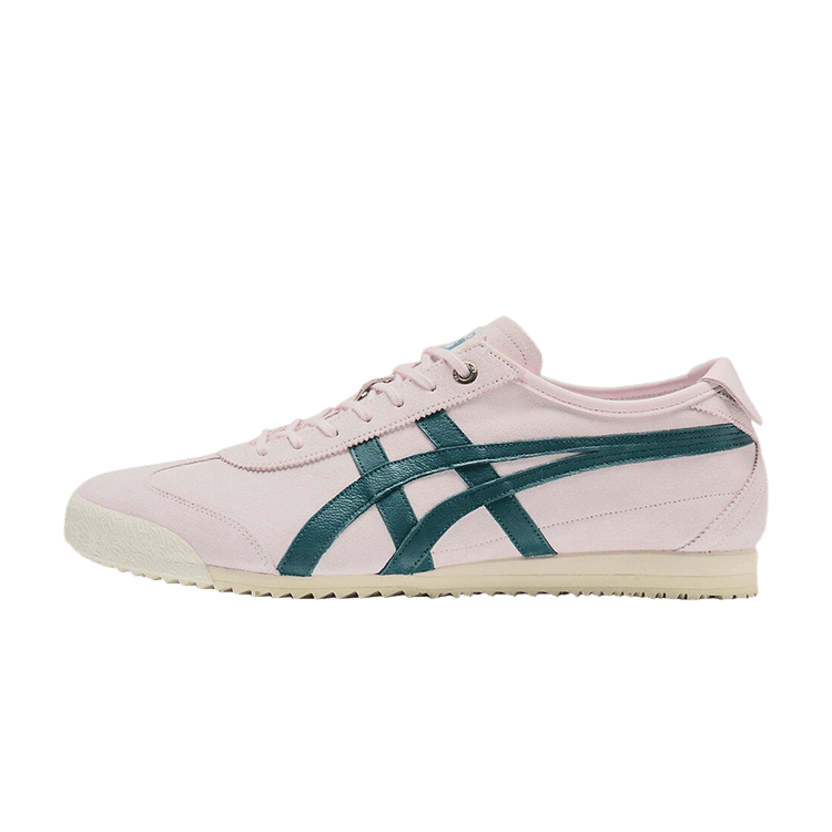 Onitsuka Tiger Mexico 66 SD zijaanzicht, roze leer met groenblauwe diagonale strepen, crème zool