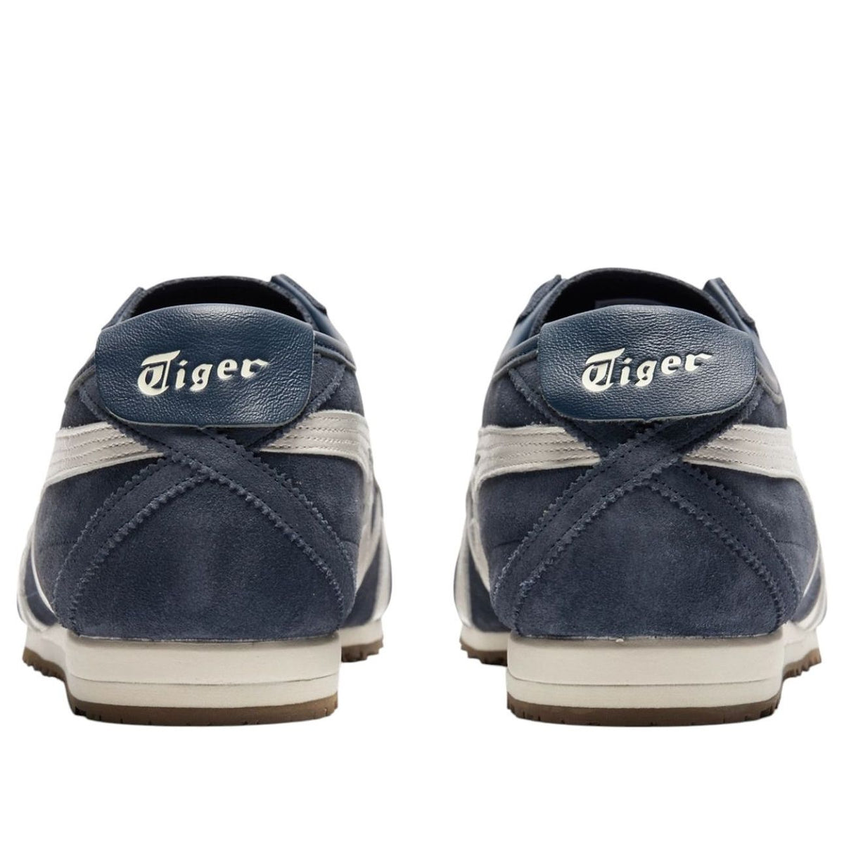 Onitsuka Tiger Mexico 66 SD Iron Navy Cream Gum achteraanzicht met Tiger logo op hiel