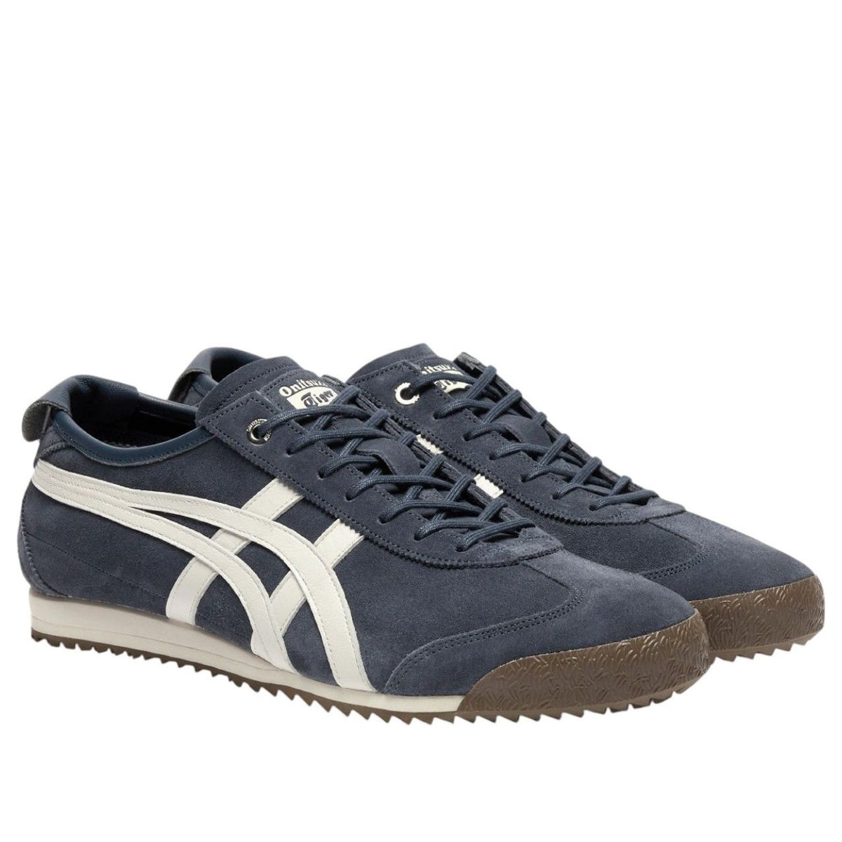Onitsuka Tiger Mexico 66 SD Iron Navy Cream Gum paar samen in driekwart aanzicht met crème trim