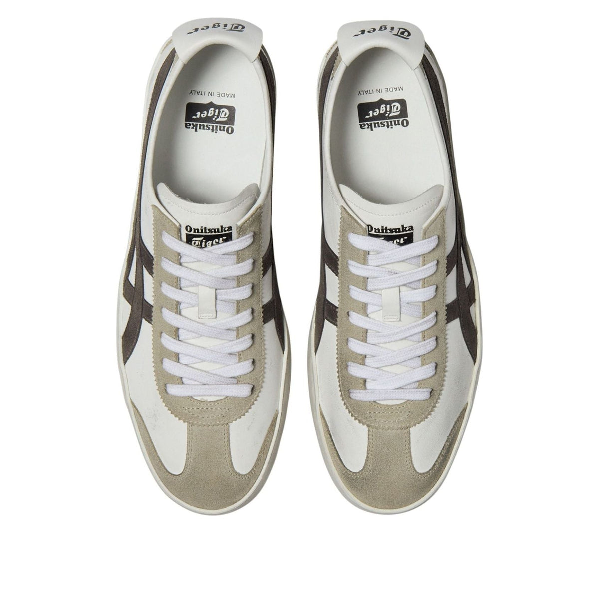 Onitsuka Tiger Mexico 66 Italian Made White Black, bovenaanzicht paar met vetersluiting en kleurvlakken