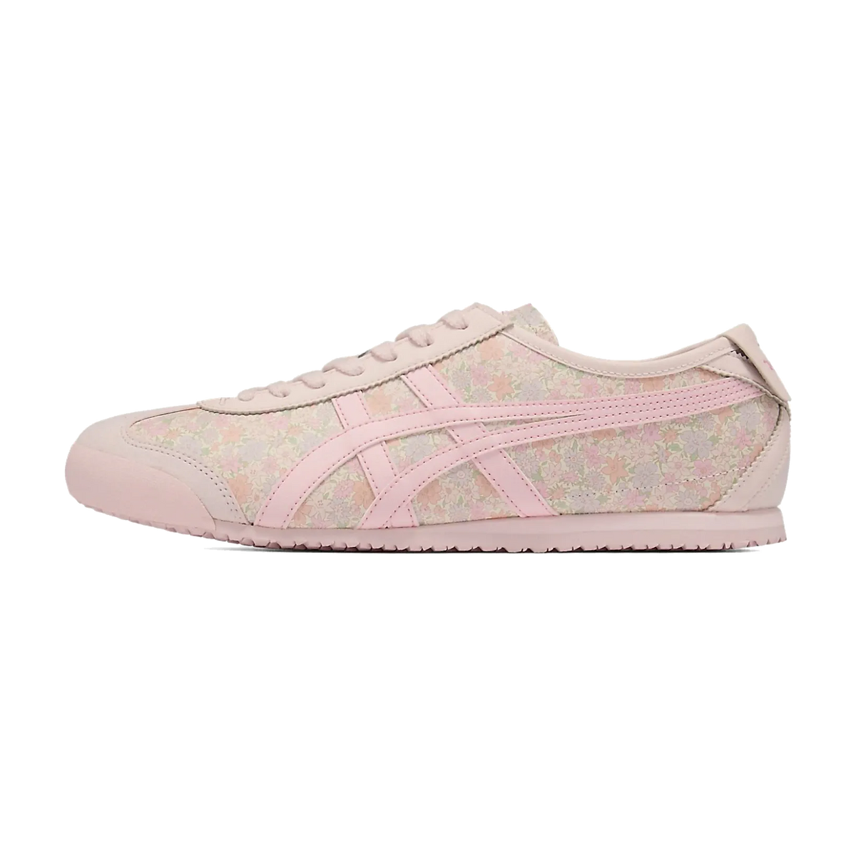 Onitsuka Tiger Mexico 66 Floral Print Crystal Pink, zijaanzicht met bloemenprint en roze strepen op beige grondtoon