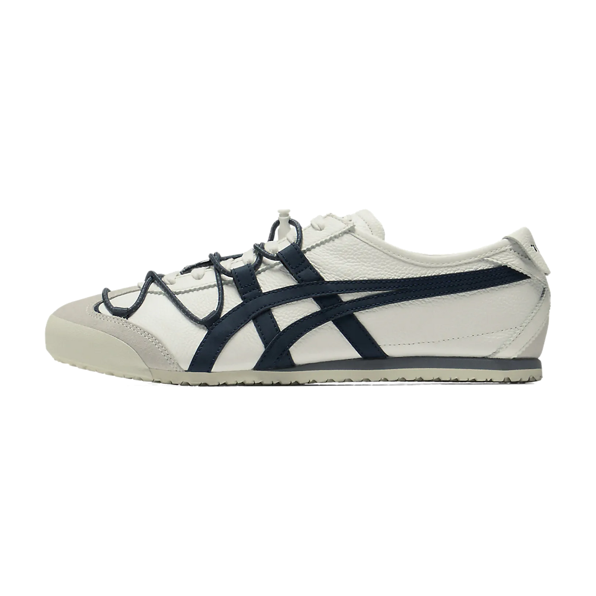 Onitsuka Tiger Mexico 66 Vinyl Off-White Iron Navy, zijaanzicht met beige leer en donkerblauwe strepen