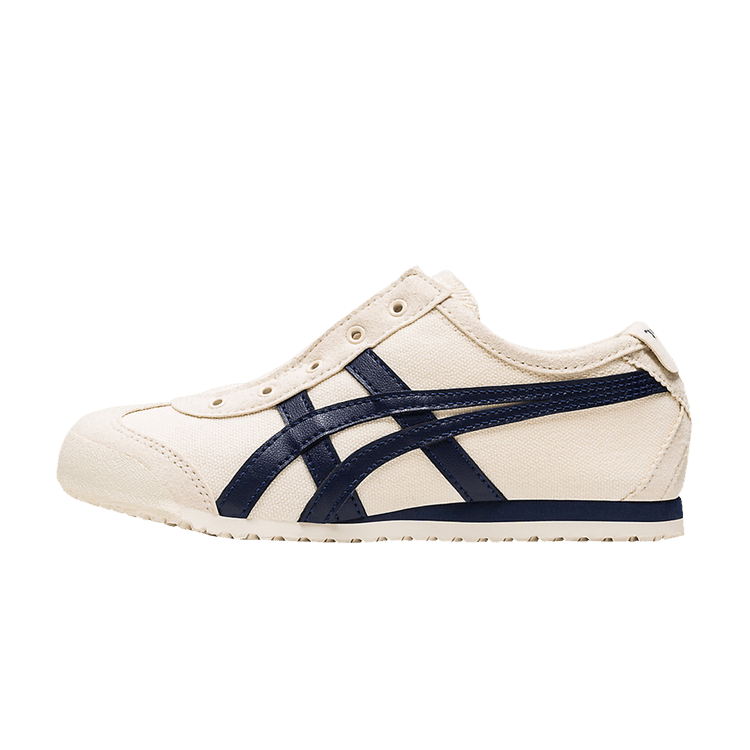 Onitsuka Tiger Mexico 66 Slip-On Birch Midnight (PS), zijaanzicht met crème canvas en donkerblauwe strepen