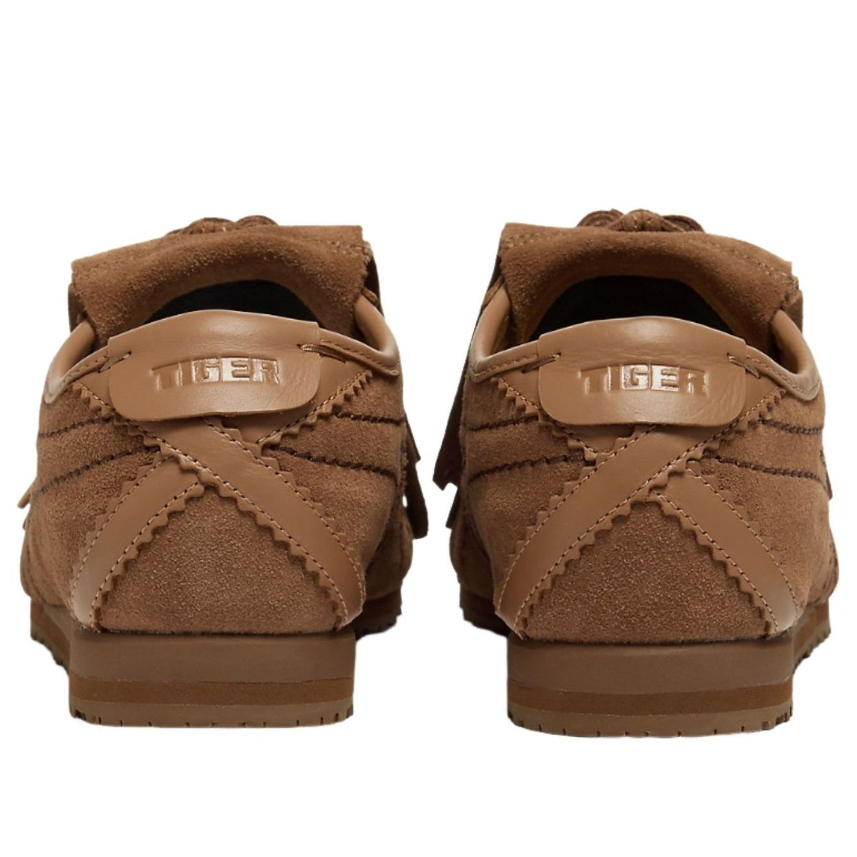 Onitsuka Tiger Mexico 66 Fringe Mocha Brown Dark Brown, achteraanzicht met merklogo op de hiel en gestikt ruitpatroon