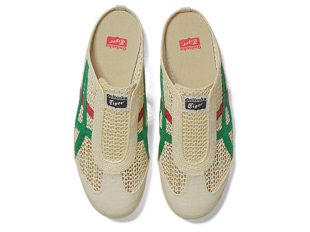 Onitsuka Tiger Mexico 66 Sabot Cream Kale bovenaanzicht paar, gebreid materiaal met Tiger-logo en merkplaatsing