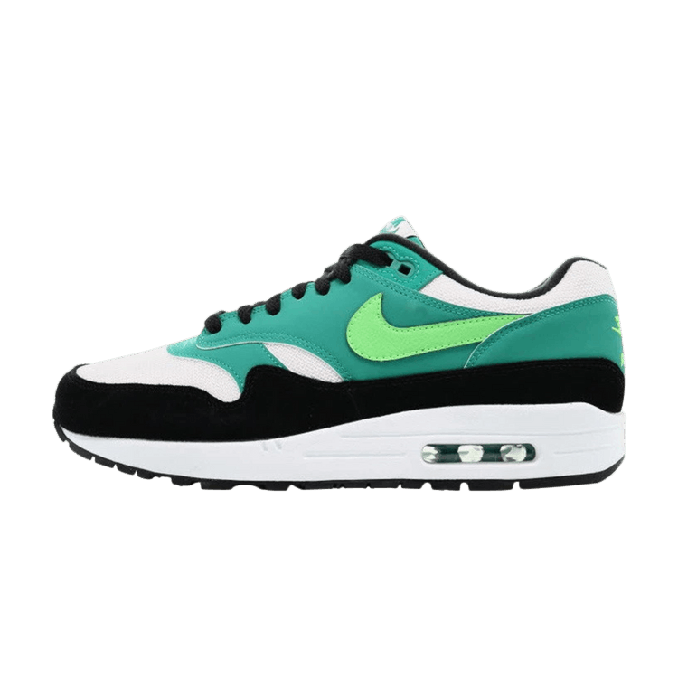 Nike Air Max 1 Neptune Green, zijaanzicht met turquoise, limoengroen en zwart-wit kleurvlakken, zichtbare Air-zool