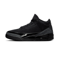 Air Jordan 3 Retro Black Cat (2025) zijaanzicht, volledig zwart nubuck met grijze textuur op hiel en zool