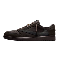 Air Jordan 1 Retro Low OG SP Travis Scott Velvet Brown, zijaanzicht met bruin suède en zwart leer