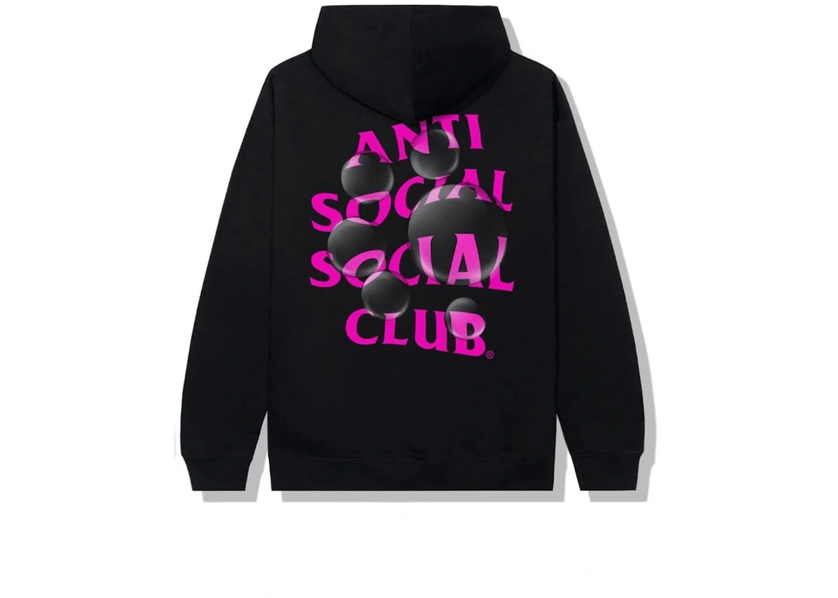 Anti Social Social Club Bubblegum Hoodie Black, achteraanzicht met groot magenta tekstprint en grijze smiley
