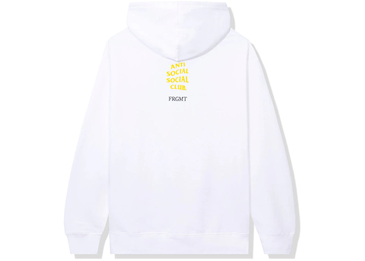 Anti Social Social Club x Fragment Called Interference Hoodie achteraanzicht, wit met geel 'SOCIAL CLUB' tekst