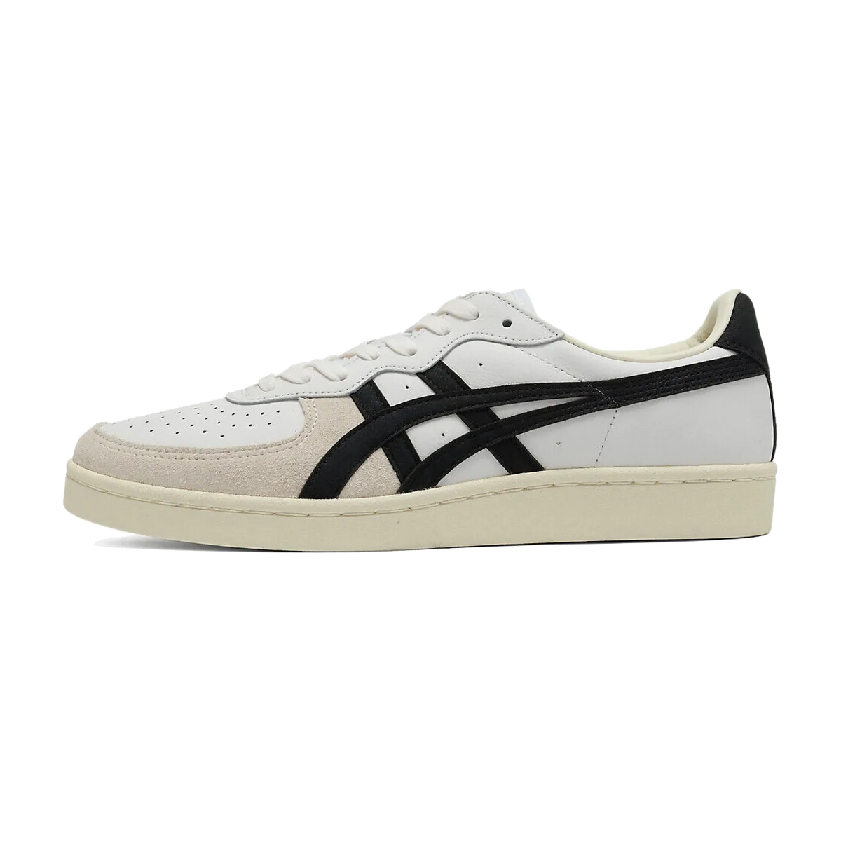 Onitsuka Tiger GSM White Black, zijaanzicht met wit leer, zwarte crossover strepen en crème zool