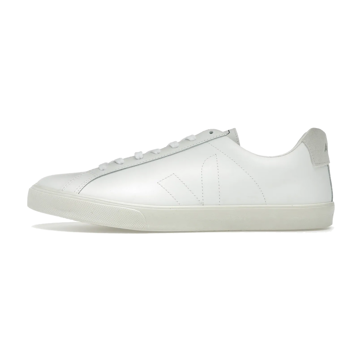 Veja Esplar Leather Stitched White Tan zijaanzicht, wit leer met gestikt V-logo en crèmekleurige zool