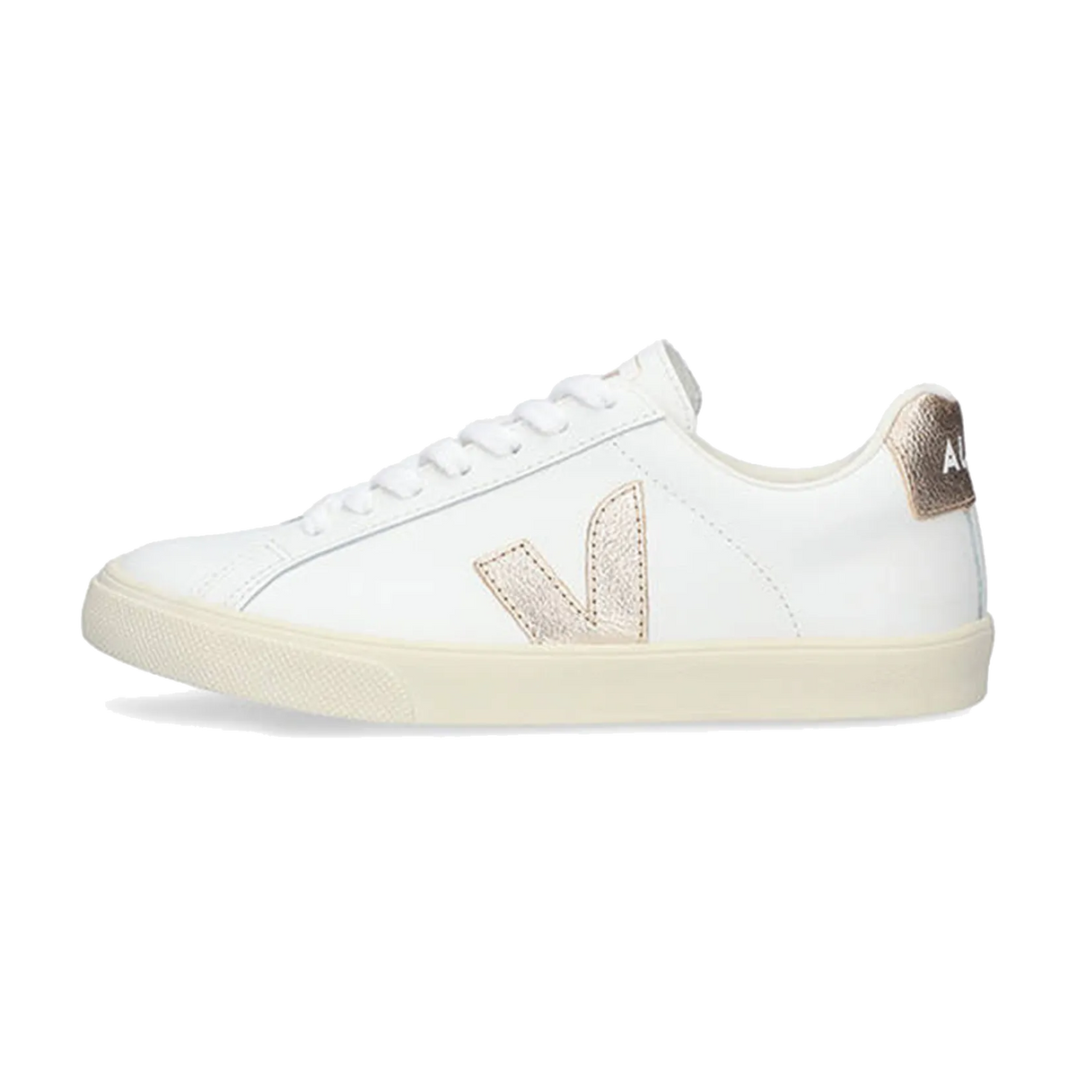 Veja Esplar Leather White Platine zijaanzicht, wit leer met platina glitterdetails op de V-logo en hielstuk, crème zool