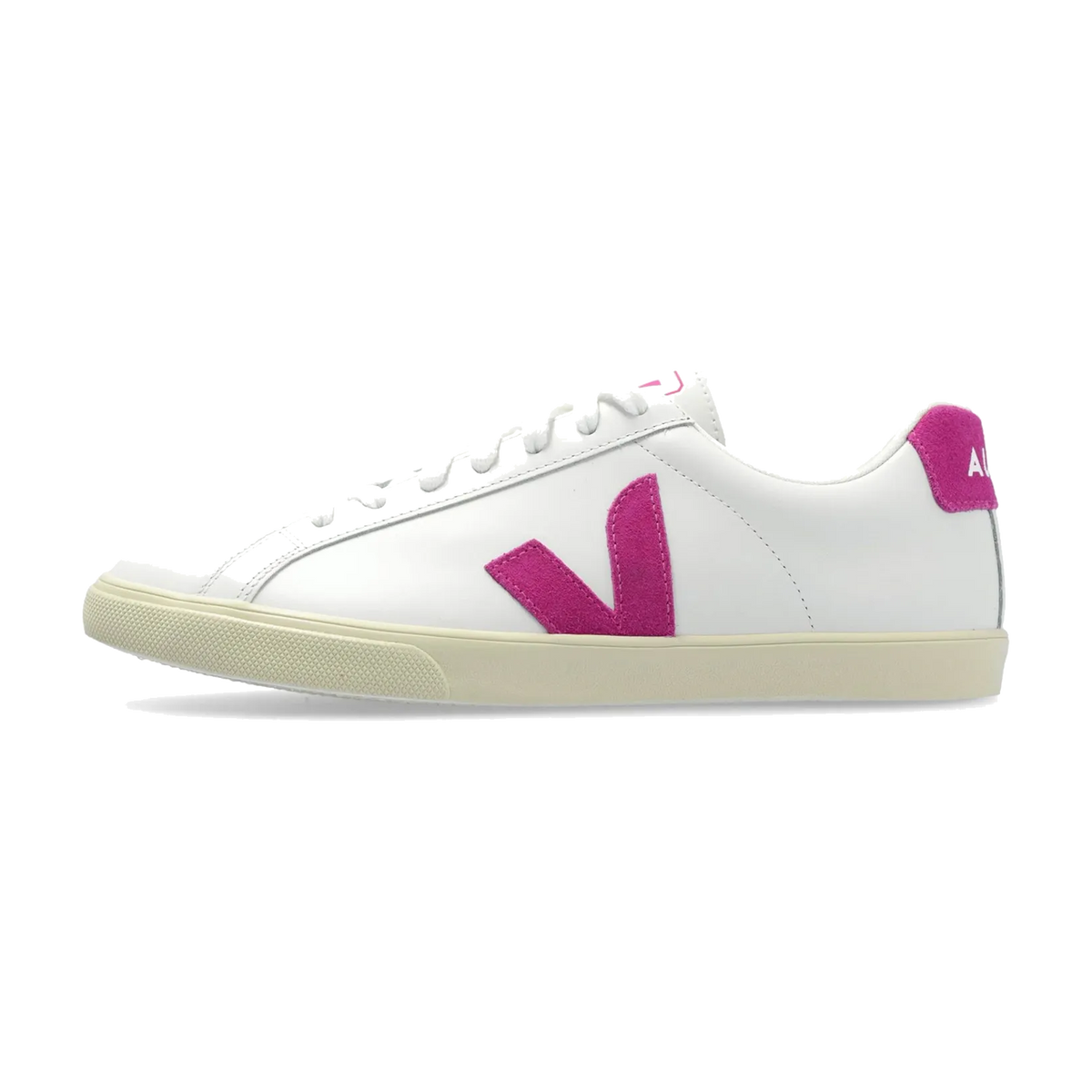 Veja Esplar White Ultraviolet, zijaanzicht van witte sneaker met paars suède V-logo en crèmekleurige zool