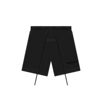 Fear of God Essentials Stretch Limo Korte Broek, vooraanzicht, zwart met ESSENTIALS-logo en drawstring details