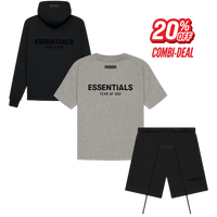 Fear of God Essentials Bundle Deal, vooraanzicht van zwarte hoodie, grijs T-shirt en zwarte shorts met logo