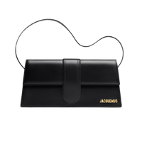Jacquemus Le Long Bambino Black, vooraanzicht schoudertasje zwart leer met goudkleurig logo