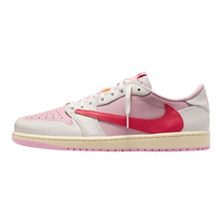 Nike Air Jordan 1 Retro Low OG SP Travis Scott Sail Tropical Pink, zijaanzicht met wit en roze panelen, rood Swoosh