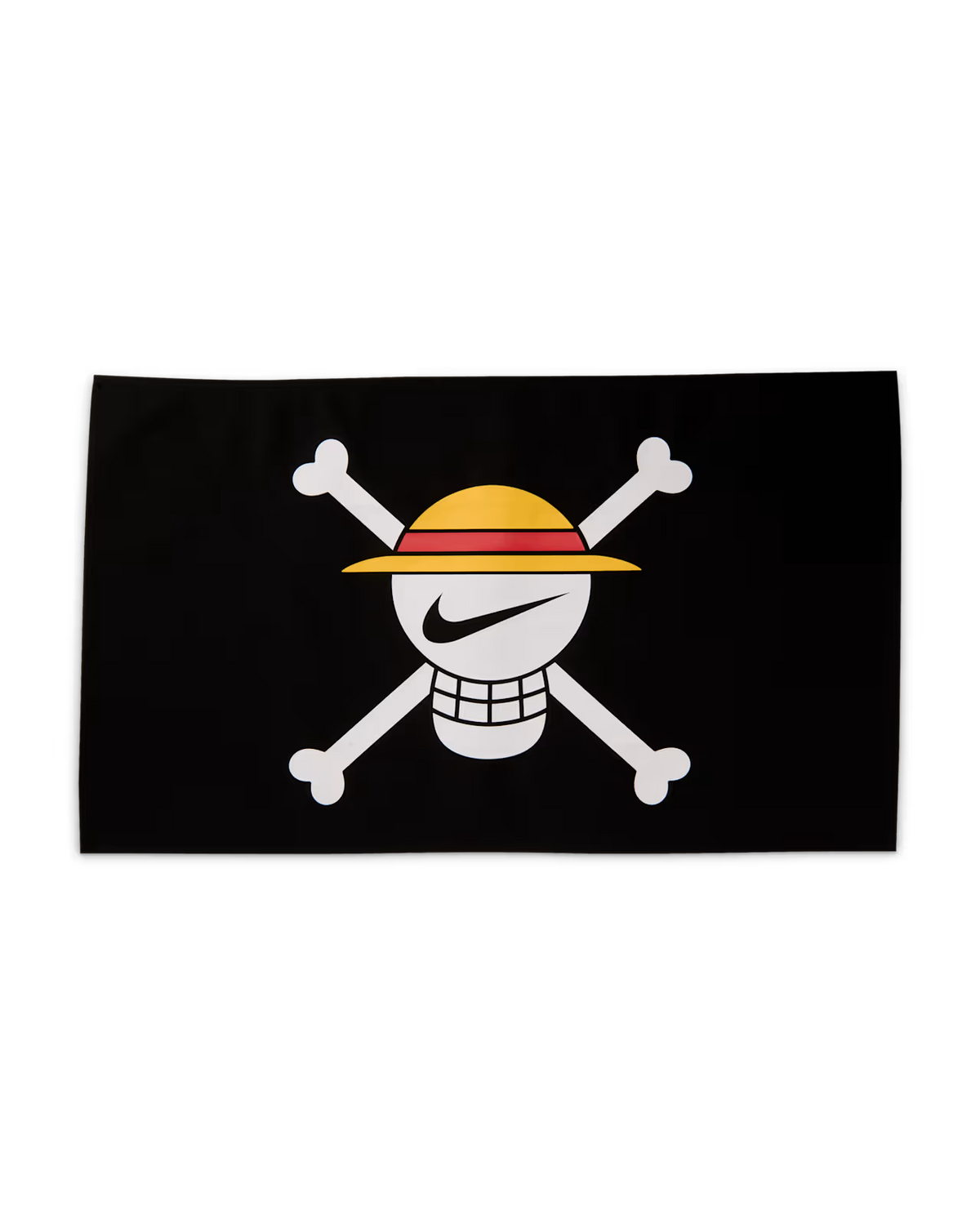 Nike Air Max Plus One Piece Gomu Gomu, vlag met Straw Hat piraten logo op zwart, geel hoed en Nike swoosh zichtbaar