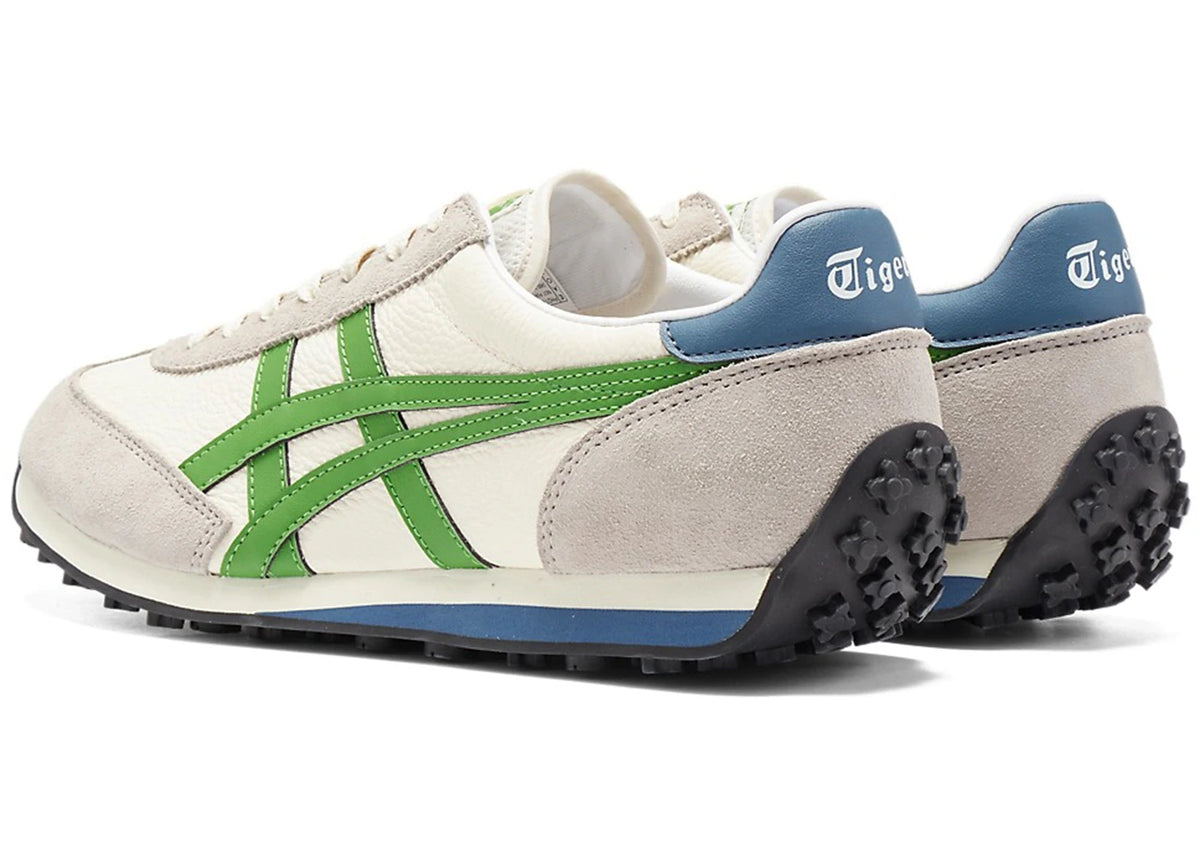 Onitsuka Tiger EDR 78 Cream Garden Green, achteraanzicht met zwarte nobbel zool en blauwe accenten