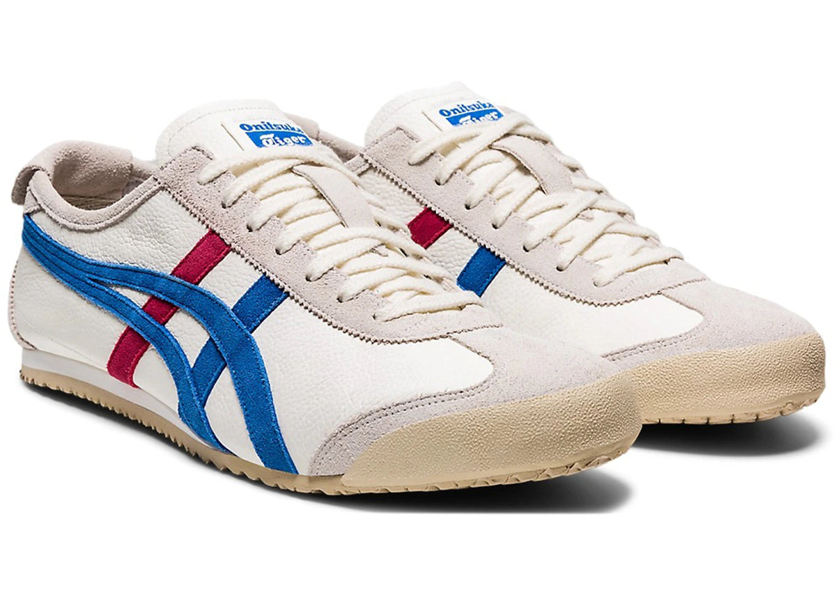 Onitsuka Tiger Mexico 66 Vintage White Directoire Blue Red, paar vooraanzicht met crèmekleurig materiaal