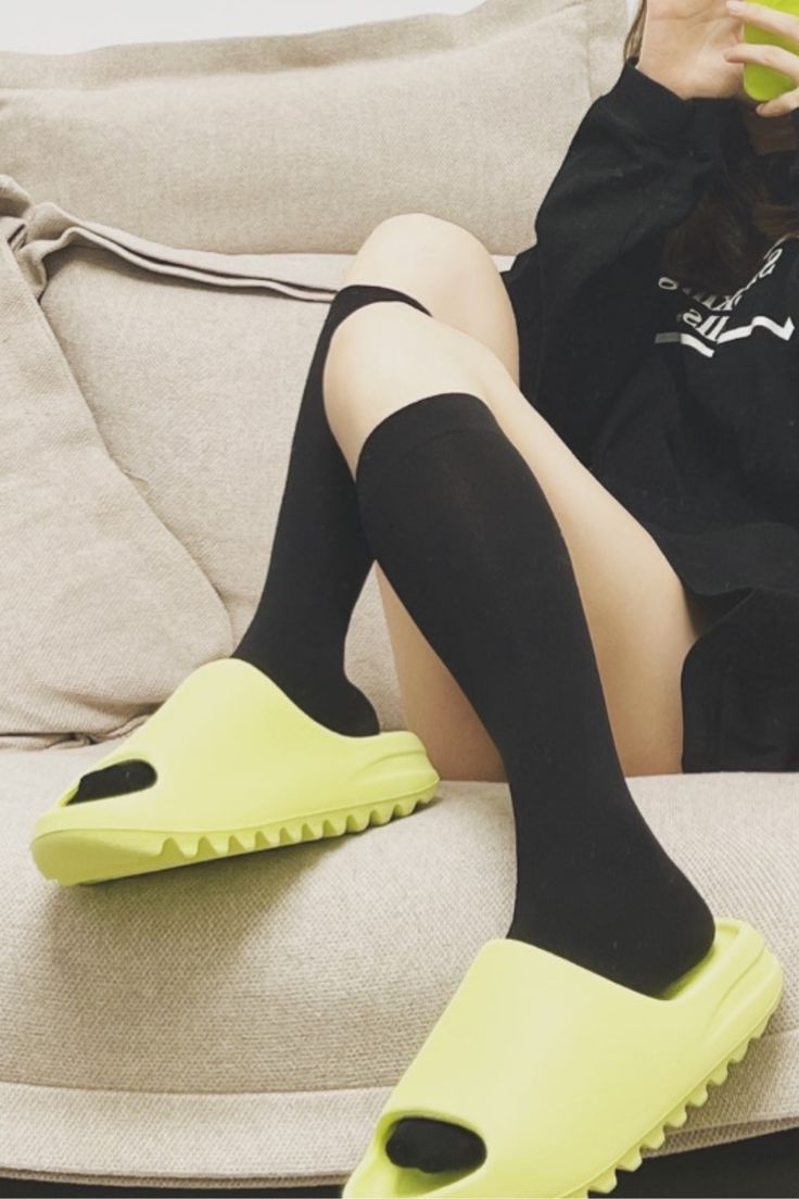 Yeezy Slide Green On Feet Glow Green Slides On Feet Yeezy Slides