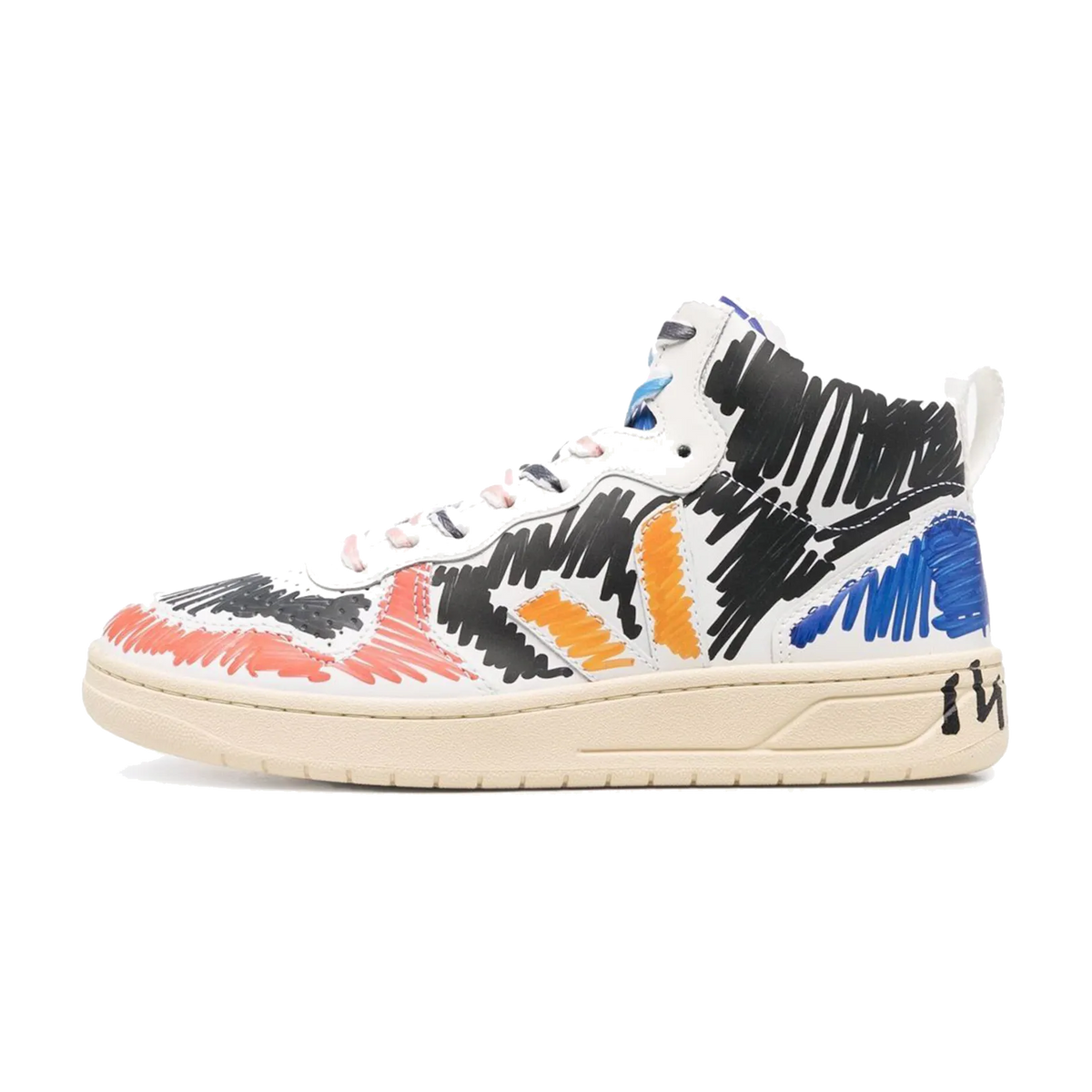 Veja V-15 Leather x Marni Black Multi, zijaanzicht met grafische penseelstreekpatronen in zwart, rood, oranje en blauw