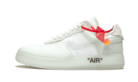 Nike Air Force 1 Low Off-White "The Ten" zijaanzicht, wit leer met rood label en "AIR" tekst