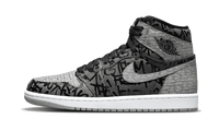 Air Jordan 1 High OG Rebellionaire zijaanzicht met grijs textiel, zwart graffitipatroon en witte zool