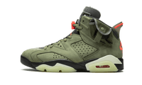 Air Jordan 6 Travis Scott Medium Olive, zijaanzicht met olijfgroene suède, zwarte accenten en crèmekleurige zool
