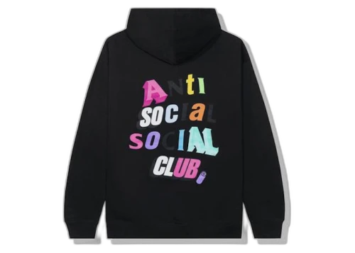 Anti Social Social Club The Real Me Hoodie Black, achteraanzicht met gekleurde logoprint, zwarte hoodie met kangaroo-zak