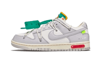Nike Dunk Low Off-White Lot 25, zijaanzicht met witte en grijze leercombinatie, groene tongflap en rood accenten op zool