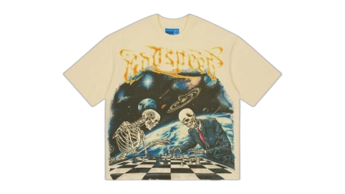 Godspeed Checkmate II T-shirt Bone, vooraanzicht met skeletten en schaakbord print op crème basis