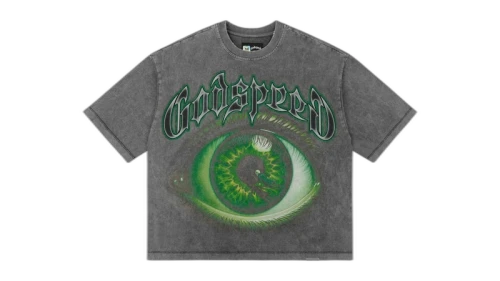 Godspeed The Watcher T-shirt Grey, vooraanzicht met groen oog-logo en tekstprint op grijs katoen