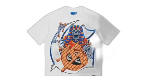 Godspeed Tomb Raider T-shirt White, vooraanzicht met grafisch print in blauw en oranje op wit katoen