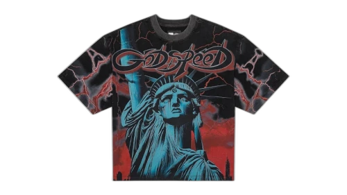 Godspeed Voltage T-Shirt Red, vooraanzicht met Vrijheidsbeeld-print in blauw en rood, bliksem-details