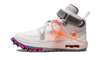 Nike Air Force 1 Mid Off-White White, zijaanzicht met witte textuur, oranje swoosh en paarse spikes op zool